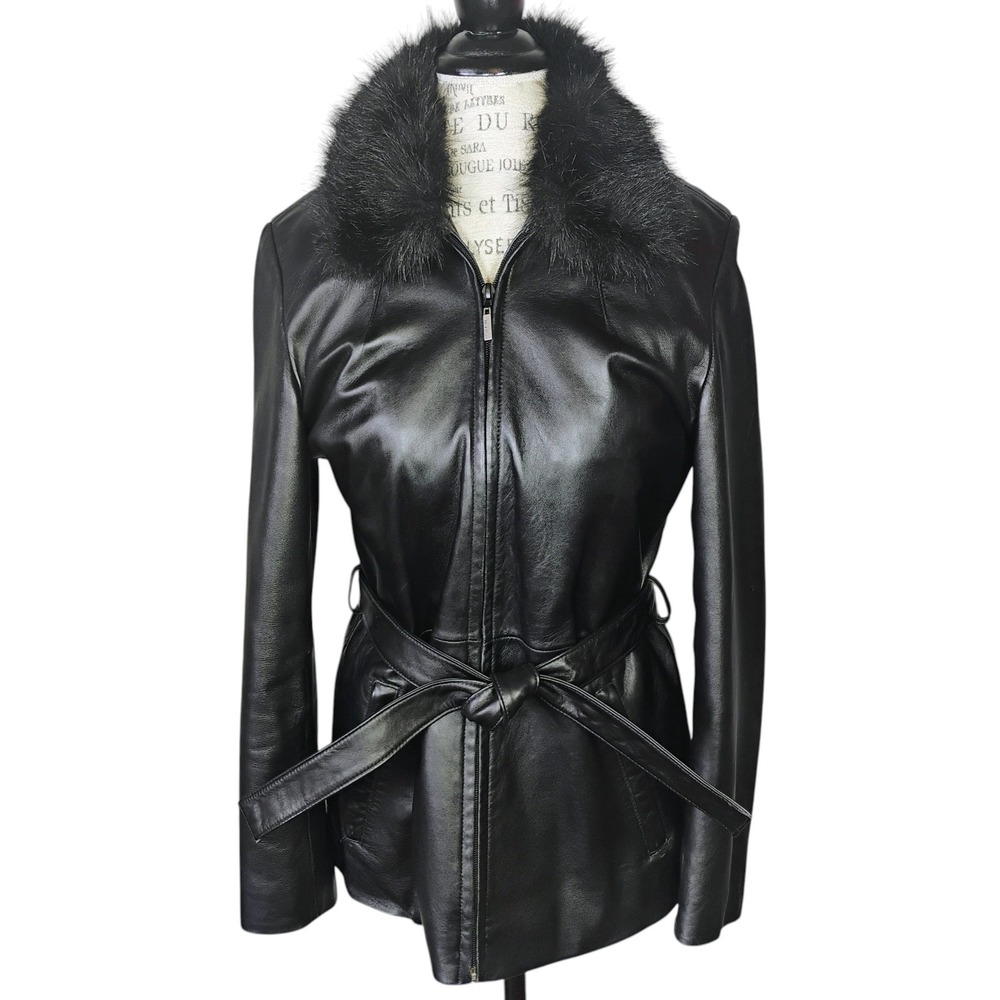 Wilsons Leather Jacket Women Medium Black Fur Collar Thinsulate Mobwife Glam 90s